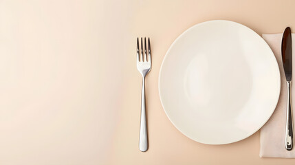 Cutlery, fork, knife, spoon and empty plate on a colored background. AI Generated