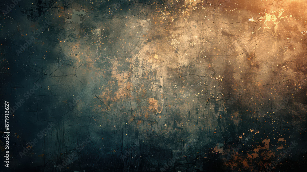 Wall mural Abstract grunge textured stone background with dark blues and warm golden highlights, creating a dramatic and moody artistic effect.