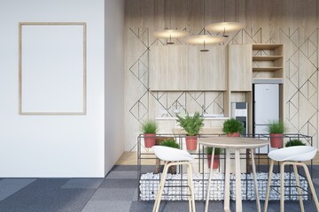 Modern office pantry, white wall, blank poster frame