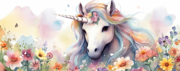 Magical Baby Unicorn with Rainbow Mane Sitting in Daisy Field, Watercolor Style