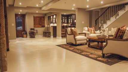 Creamy vanilla rubber flooring in a basement, creating a warm, welcoming environment for family gatherings