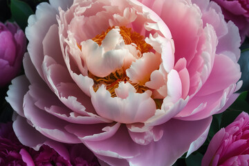 Watercolor pink gold flower abstract mural, peonies, tulips, rose, large delicate voluminous flowers, background, wallpaper, generative AI