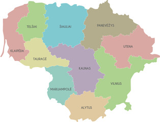 Vector regional map of Lithuania with counties and administrative divisions. Editable and clearly labeled layers.