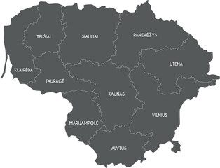 Vector regional map of Lithuania with counties and administrative divisions. Editable and clearly labeled layers.