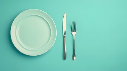 Cutlery, fork, knife, spoon and empty plate on a colored background. AI Generated