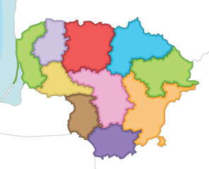 Vector illustrated regional blank map of Lithuania with counties and administrative divisions, and neighbouring countries and territories. Editable and clearly labeled layers.