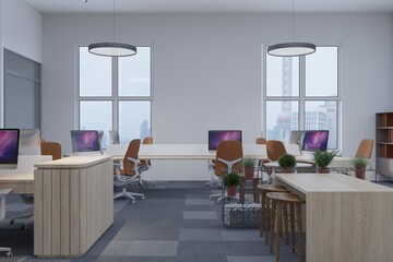 Modern office corner, white walls, computer desks