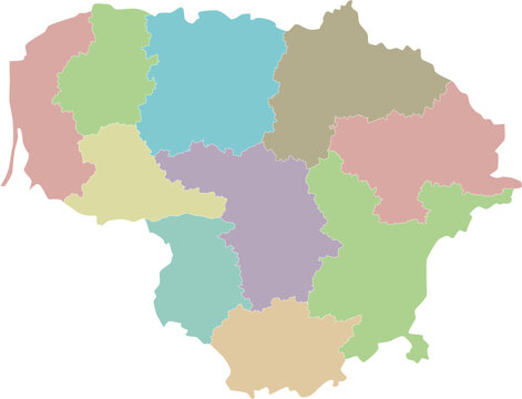 Vector regional blank map of Lithuania with counties and administrative divisions. Editable and clearly labeled layers.