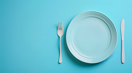 Cutlery, fork, knife, spoon and empty plate on a colored background. AI Generated
