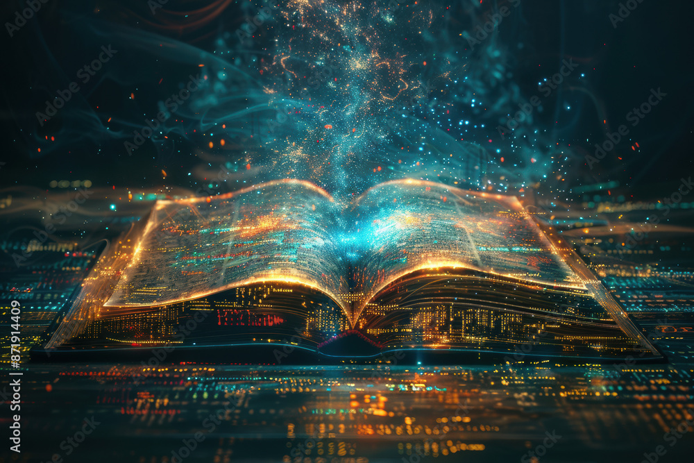 Poster an enchanting open book with mesmerizing sparkles and lights, symbolizing magic, knowledge, and imag