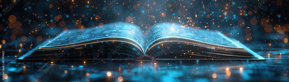 Poster open book with glowing pages surrounded by digital particles, symbolizing knowledge, future, and tec