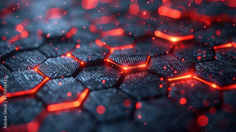 Poster futuristic hexagonal grid with glowing red lights, evoking high-tech concepts and digital network de