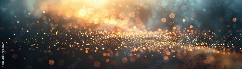 Poster a mesmerizing background with golden bokeh lights and a dreamy blend of blue and orange hues, creati