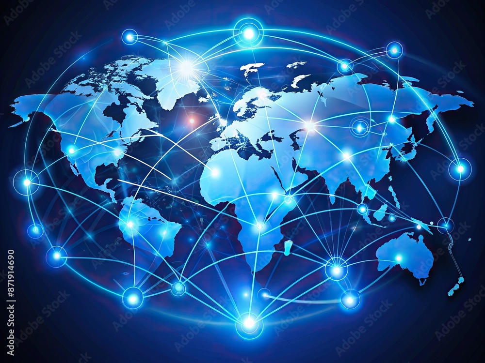 Poster global network of connected devices and glowing lines forming a vibrant web on a dark blue backgroun
