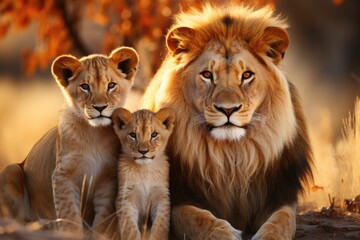 Obraz premium Focus lions revealing family essence with stunning realism, generative IA