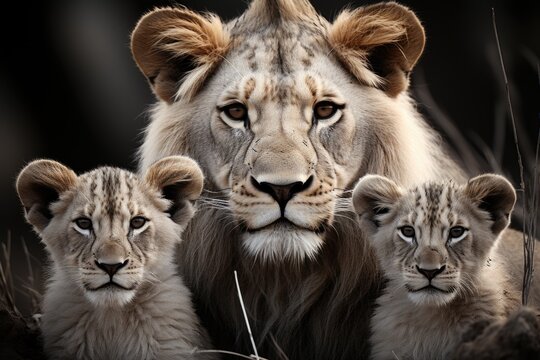 Lions in the Savana a timeless black and white elegance, generative IA