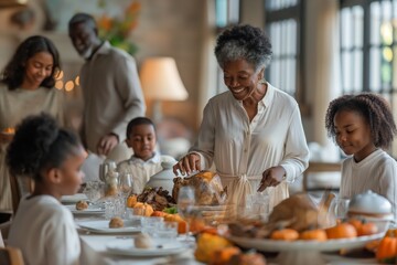 Fototapeta premium Elderly woman carving a turkey while family members smile and enjoy the meal.