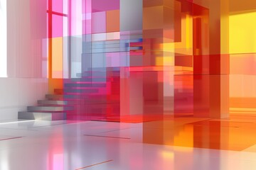 Abstract Modern 3D Render of Colorful Geometric Architecture With Translucent Surfaces