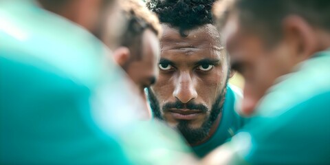 Closeup of rugby sevens scrum players highlighting games physical intensity. Concept Rugby Sevens, Scrum Players, Physical Intensity, Close-up Shots