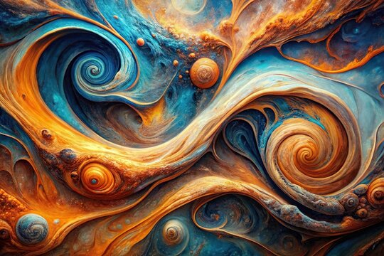 Vibrant swirls of blue and orange hues blend together in a mesmerizing abstract background with a sense of dynamic movement