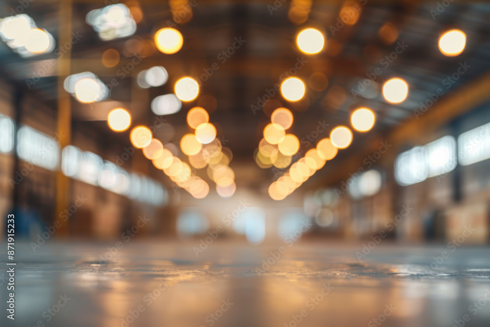 Poster an abstract image of a spacious warehouse with warm bokeh lights creating a soft focus effect.