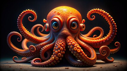 Obraz premium Vibrant orange octopus with eight curled tentacles and large bulging eyes sits alone on a dark black background, showcasing its unique and fascinating anatomy.