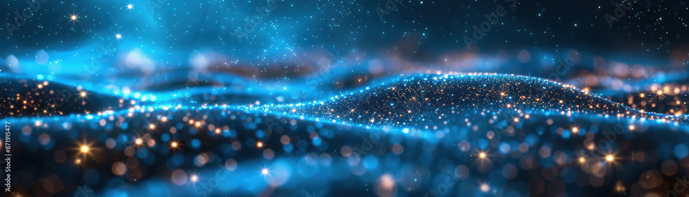 Poster abstract digital landscape with glowing particles and bokeh effect, creating a futuristic, starry fi