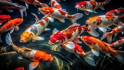 Vibrant orange, white, and red Koi fish glide effortlessly through the calm water of a serene pond, contrasted against a dramatic black background.