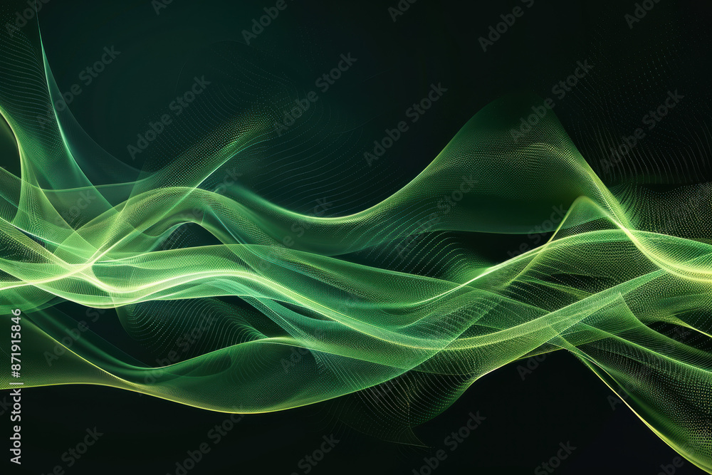 Poster abstract background with flowing green waves and lines on a dark backdrop creating a sense of moveme