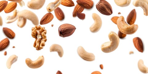 Fototapeta premium Assorted nuts falling on white background perfect for package design. Concept Package Design, Food Photography, Nut Assortment, White Background, Product Presentation