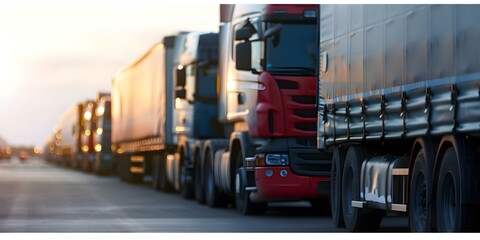 Photo of trucks in line at port waiting to cross border. Concept Trucks at Port, Border Crossing, Import/Export, Freight Industry, Logistics Operations