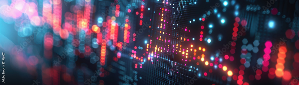 Poster bright neon lights and digital patterns create a dynamic and futuristic background, perfect for tech
