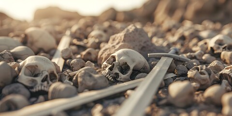 Dry desert valley with piles of ancient bones and discarded swords. Concept Desert landscape, Ancient ruins, Abandoned swords, Mysterious bones, Dry valley