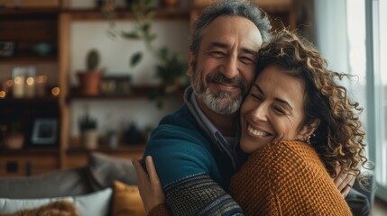 Fototapeta premium The image depicts a middle-aged woman and a young man as they embrace and smile in a modern living room.