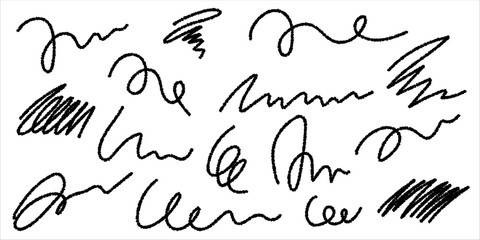 Crayon textured wavy lines. Collection of scribble doodle lines. Hand drawn doodle elements. Vector illustration