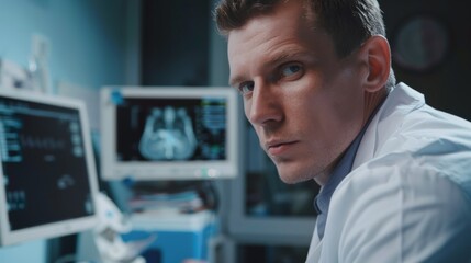 A male doctor in a white medical coat is performing transabdominal ultrasound diagnostics in the emergency department in slow motion.