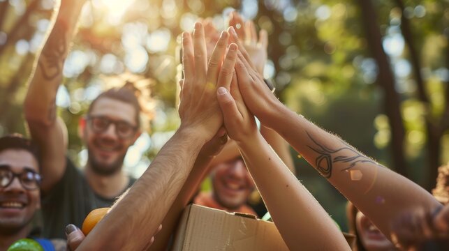 Community donation, group or volunteers at NGO for grocery package distribution at NPO project which involves food, volunteering or high fives.