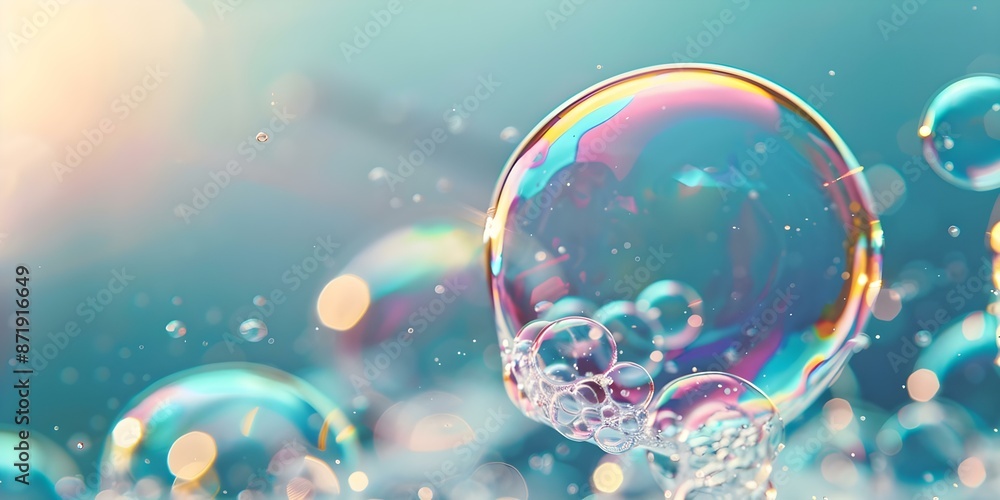 Aufkleber macro shot of bubble wand creating large iridescent bubble in soapy solution. concept macro photogra