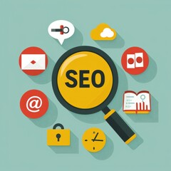 Colorful SEO concept illustration with icons including magnifying glass, key, cloud, and book on green background.