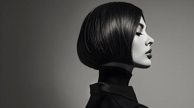editorial fashion photography, portrait profile shot of an Italian model with a blunt long bob. 