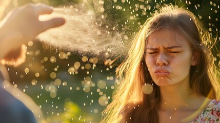 Obraz premium 'Mouse midge' spray being sprayed by man on woman. Woman frowning at smell of insect spray. Woman covering body with spray against mosquitoes, midges, and insects.
