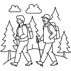 Silhouette sketch of two people walking in the forest, one wearing a hat