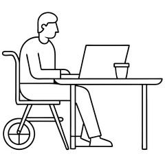 A businessman sitting at a desk working on a laptop in an office illustration