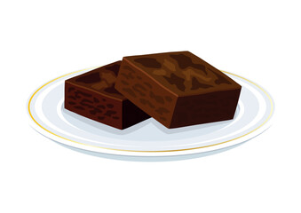 Chocolate brownie on a plate vector illustration. Brownies cake on a plate icon vector isolated on a white background. Chocolate square pastry drawing. Template for background, banner, card