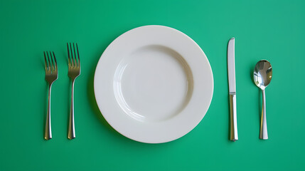 Cutlery, fork, knife, spoon and empty plate on a colored background. AI Generated
