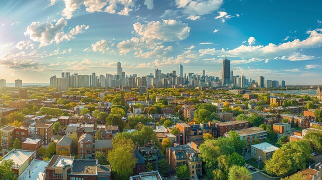 Panorama of a green neighborhood in Chicago, Illinois, US with a skyline of majestic skyscrapers in the background.
