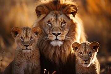 Fototapeta premium Minimalist tenderness the essence of the lion family in soft tones and simple fo, generative IA