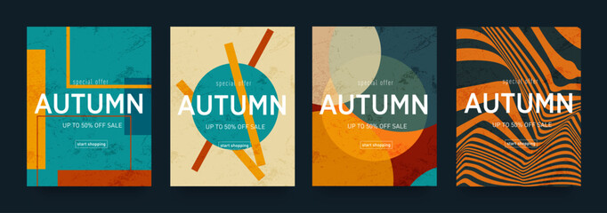 Autumn Design Set with Graphic Memphis Elements. Modern Abstract Background Patterns in Retro Style for Advertising, Web, Social Media, Posters, Banners, and Covers. Sale Offer 50%. Vector Illustratio