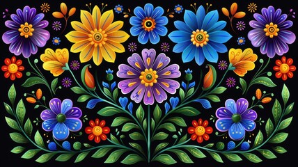 Vibrant floral illustration with colorful flowers and intricate details on a black background, showcasing beautiful artistic craftsmanship.
