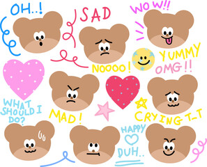 Fototapeta premium Set of teddy bear emotion including sad, mad, happy, crying, confused, surprised for cartoon, character, comic, cute patches, plush toy, doll, animal sticker, zoo, expression, emoticon, card print, ad